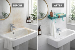 Wall-Mounted Bathroom Shelf with Hooks No-Drill Self-Adhesive Dual Compartment Storage Shelf