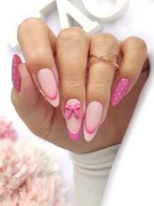 Pink Bow & Polka Dot Almond Nails