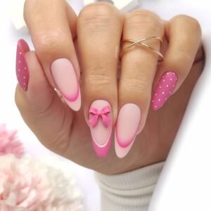 Pink Bow & Polka Dot Almond Nails